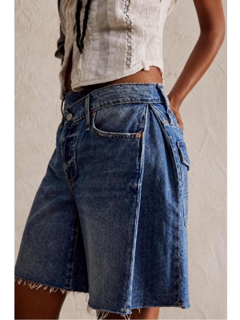 Free People High Waist Denim Bermuda Shorts in Blue